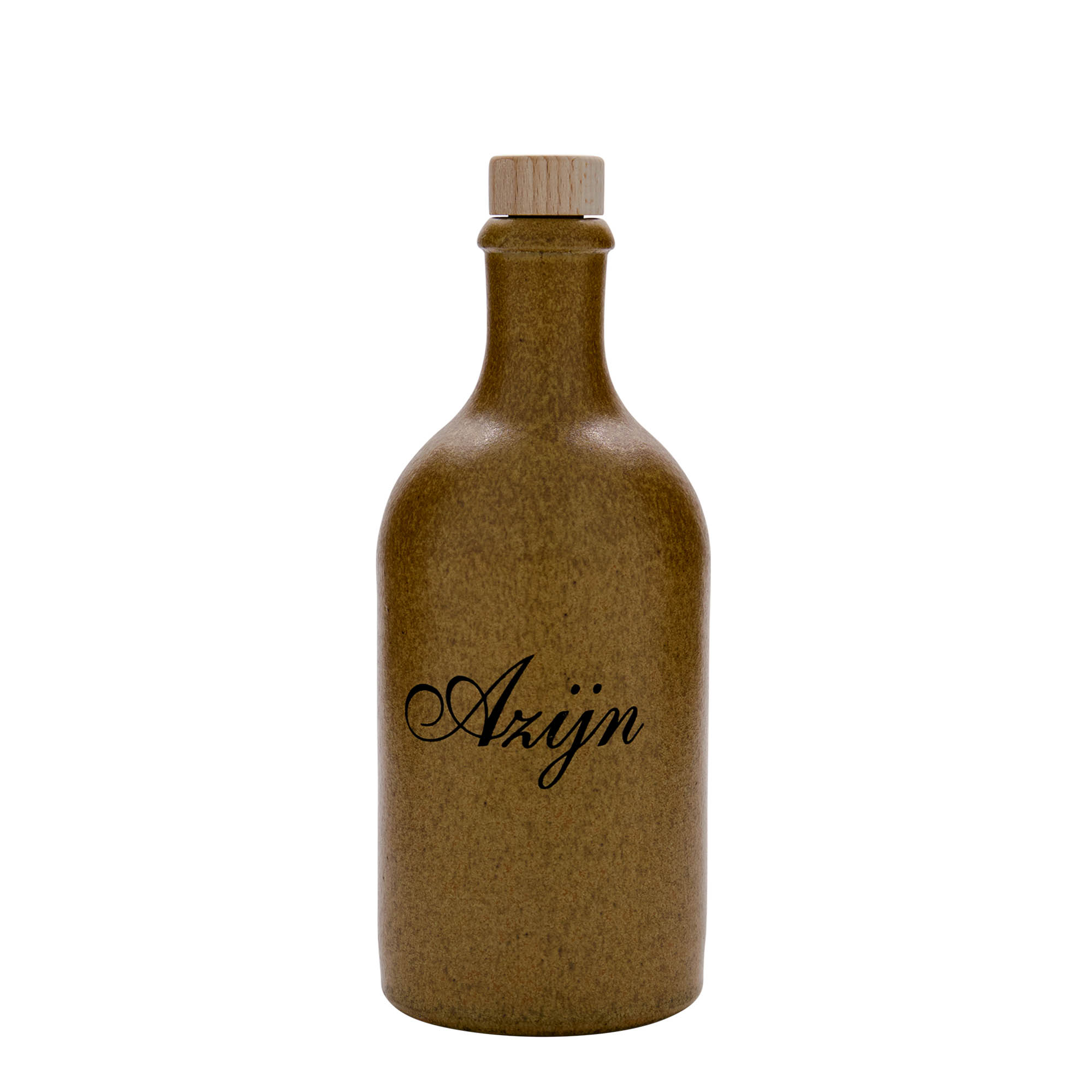 500 ml earthen jug, print: “Azijn”, stoneware, brown crystal, closure: cork