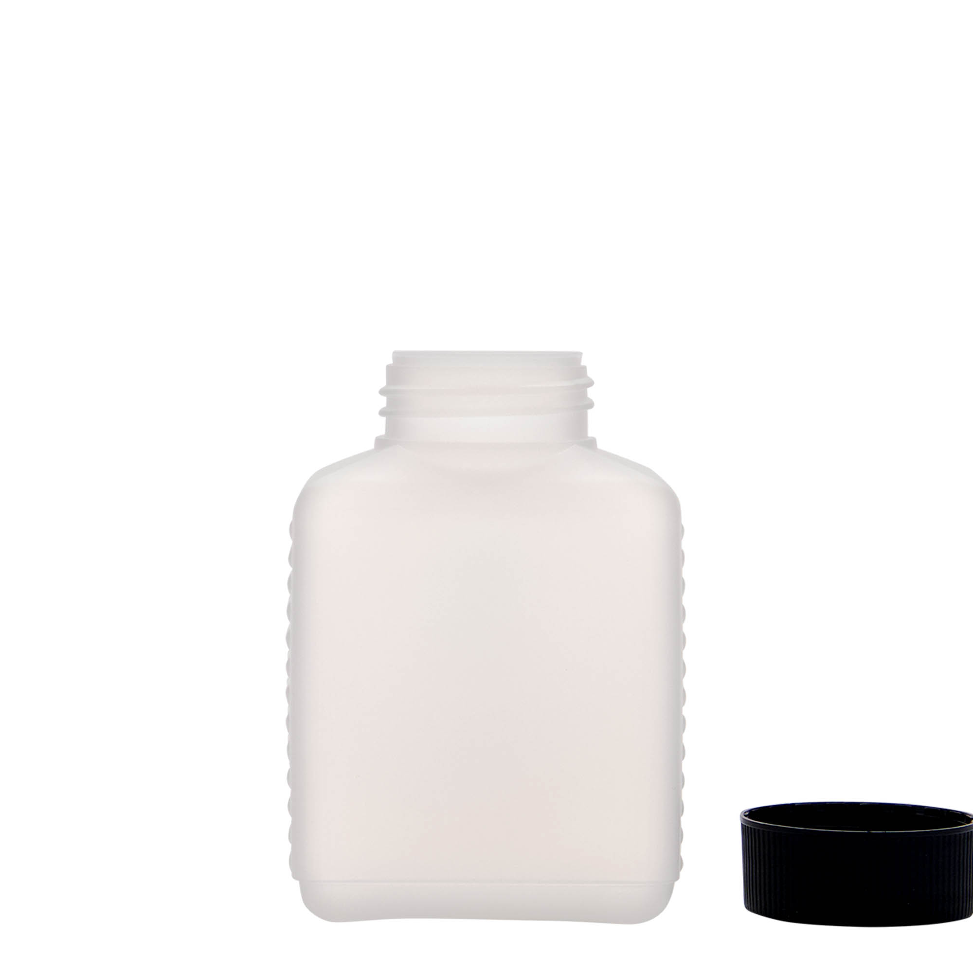 250 ml wide neck bottle, rectangular, HDPE plastic, natural, closure: DIN 40 EPE