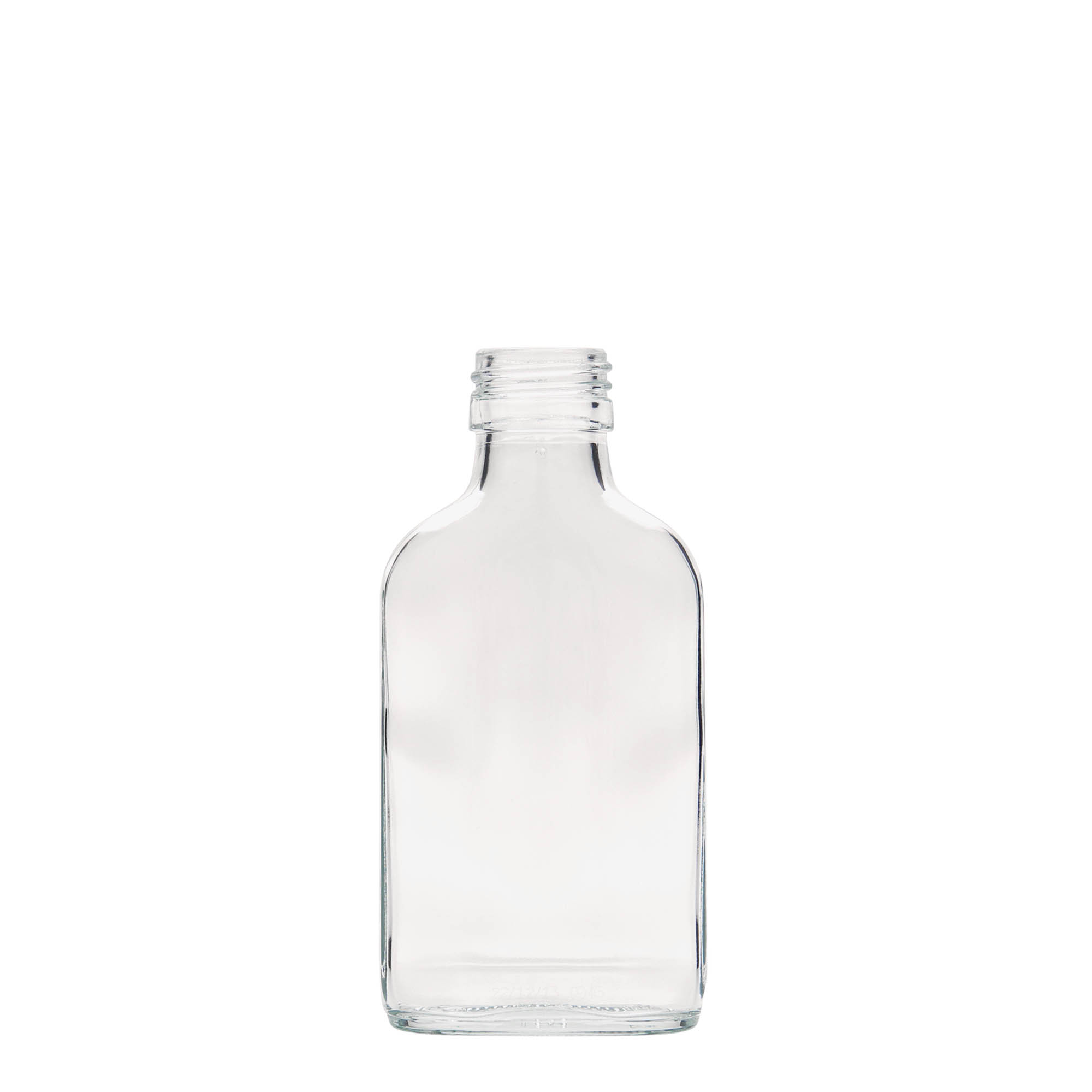 100 ml pocket flask bottle, rectangular, glass, closure: PP 28