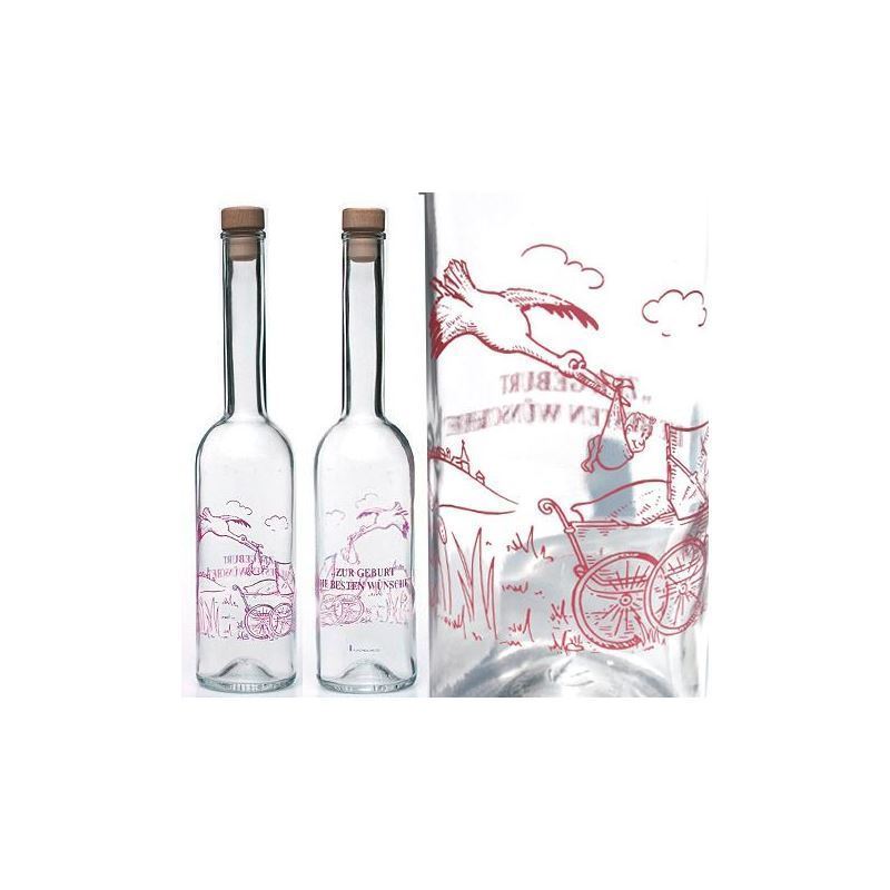 500 ml glass bottle 'Opera', print: new baby – pink, closure: cork