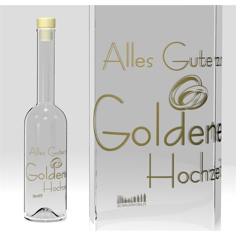 500 ml glass bottle 'Opera', print: golden wedding anniversary, closure: cork