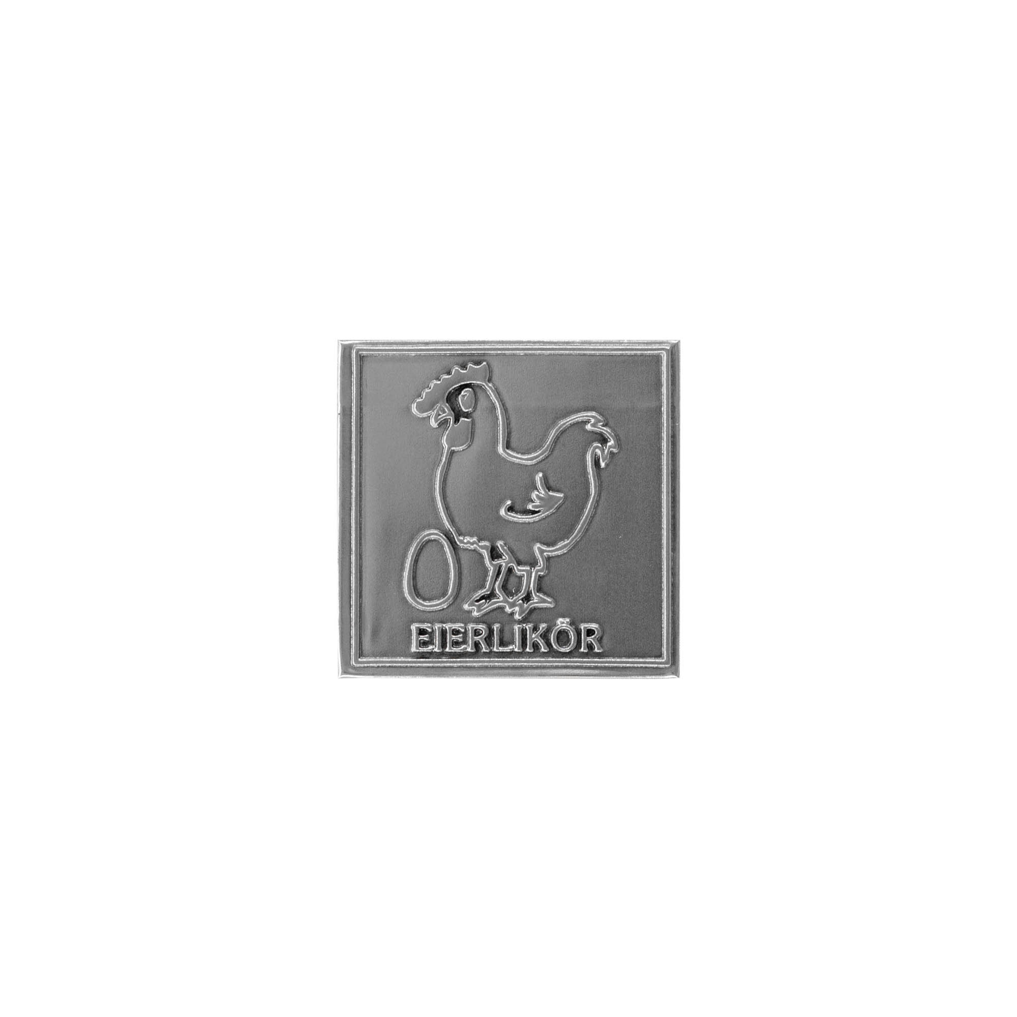 Pewter tag 'Egg Liqueur', square, metal, silver