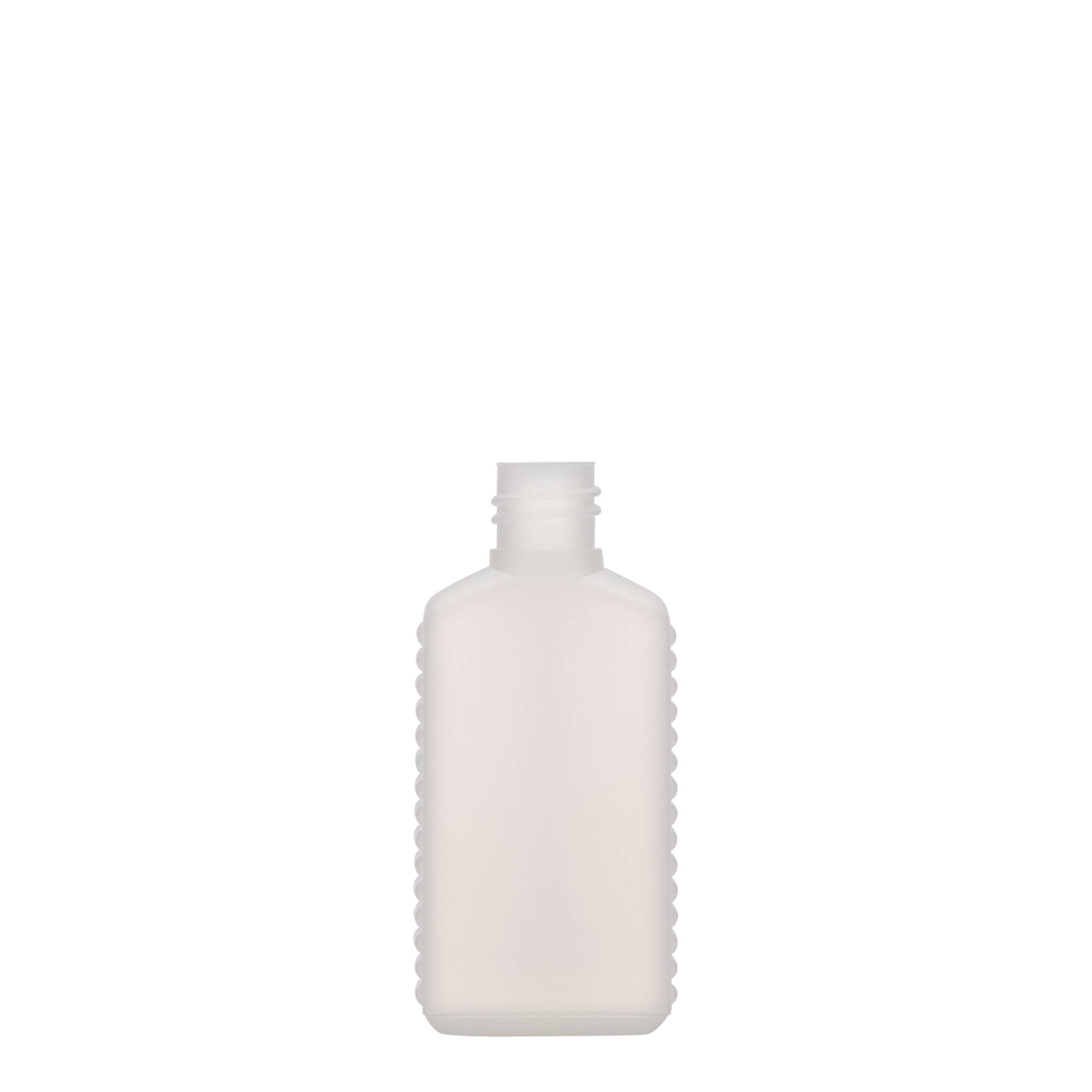 50 ml narrow neck canister bottle, rectangular, HDPE plastic, natural, closure: DIN 18