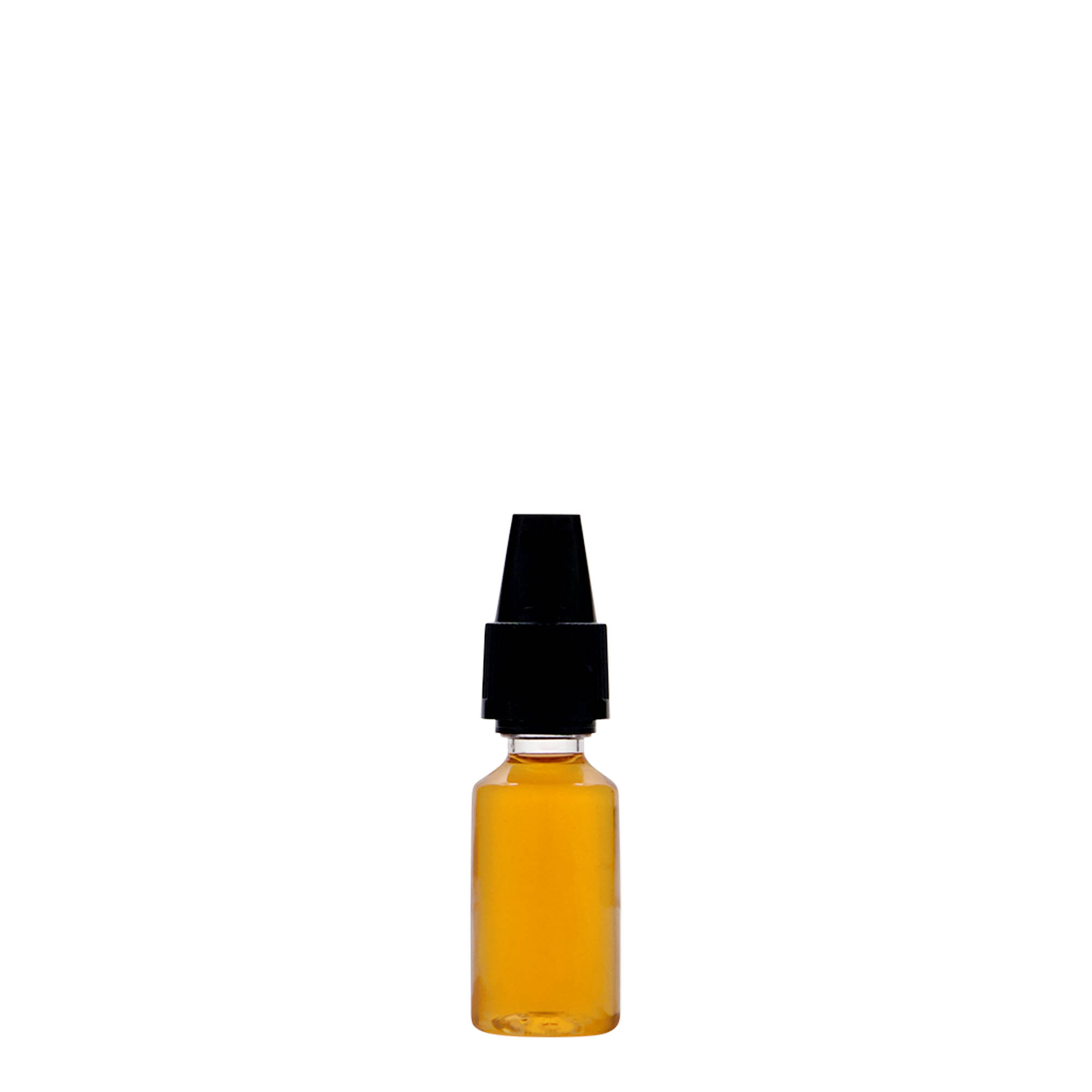 10 ml PET bottle 'E-Liquid' with quality seal and child safety lock, plastic, closure: screw cap