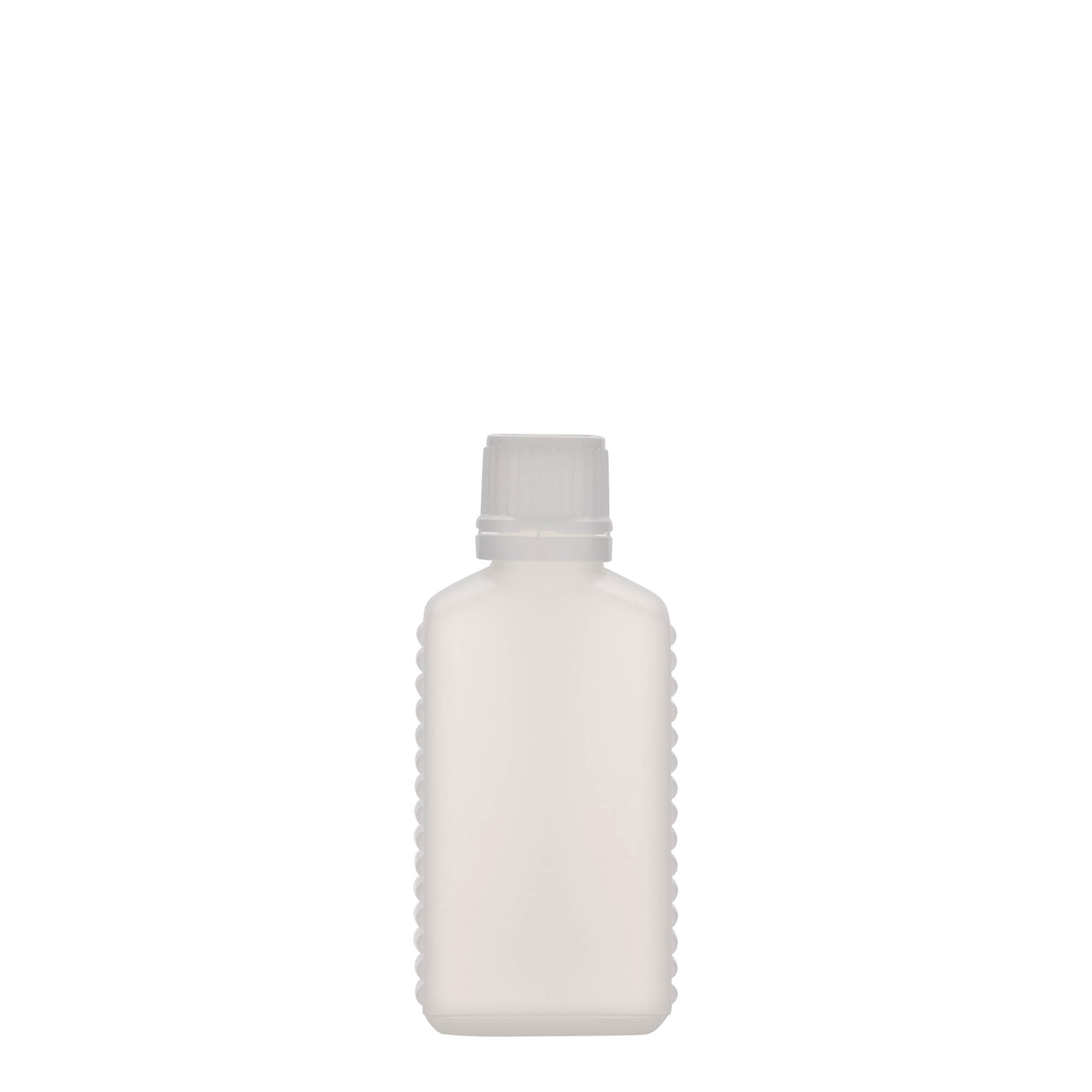 50 ml narrow neck canister bottle, rectangular, HDPE plastic, natural, closure: DIN 18