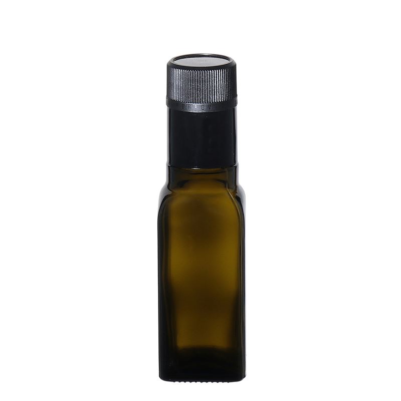 100 ml oil/vinegar bottle 'Quadra', glass, square, antique green, closure: DOP