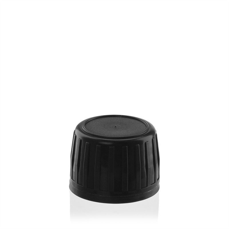 Screw cap with tamper evident seal, PP plastic, black, for opening: DIN 28